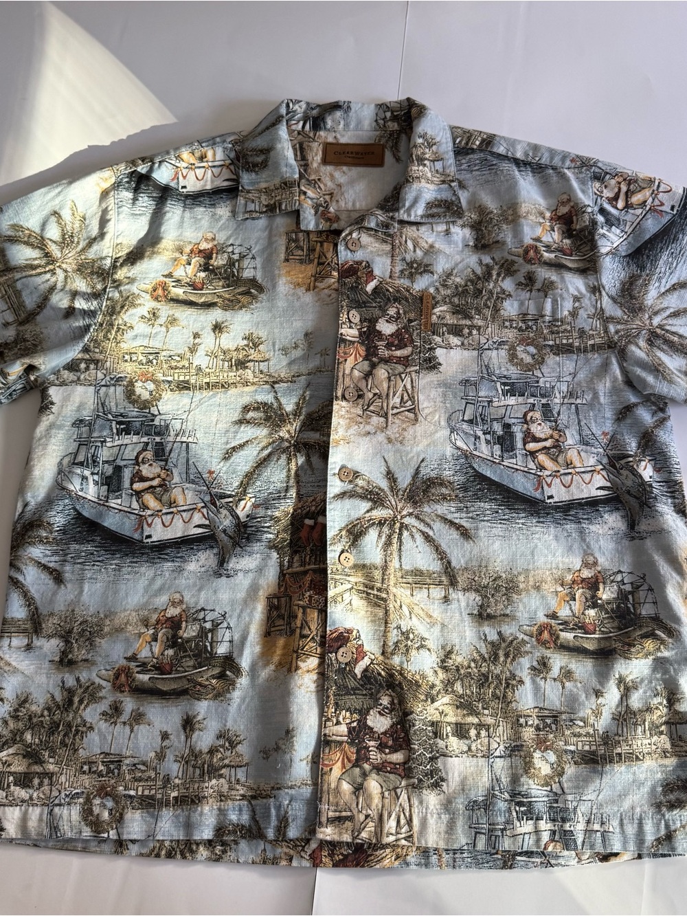 ClearWater Hawaiian Camp Shirt Men’s L Tropical Christmas Santa Fishing.